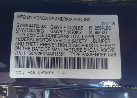 2018 Honda Accord Ex-L 2.0T из США, поврежденный, VIN 1HGCV2F51JA015651